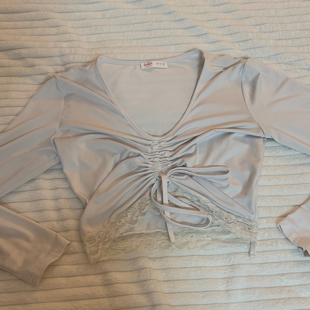 ROMWE White Lace Trim Ruched Blouse